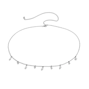 Silver metal chain body jewelry with white pearls and teardrop crystal pendants