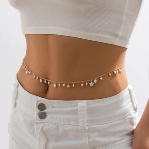 Sexy golden body chain with white pearls and star pendants for women waist jewelry