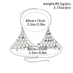 Detailed view of silver star sequin body chain with metal tassels and lobster clasps