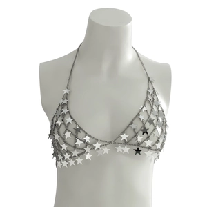Silver star sequin body chain bra accessory for festive parties and clubwear styles