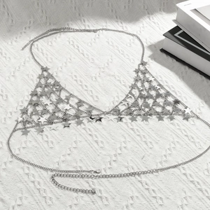 Close-up of silver metal star sequin body chain bra with adjustable lobster clasp