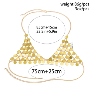 Sexy gold sequin star body chain bikini accessory with detailed size and weight labels