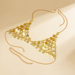 Detail of golden sequin body chain with metallic disc fringe and adjustable chain