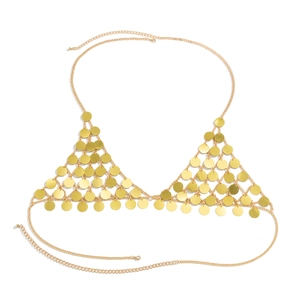 Detailed flat lay of golden sequin body chain with adjustable metal fringe chains