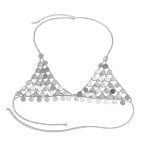 Detailed view of silver sequin body chain with metallic discs in a triangular design