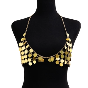 Detail of a golden sequin body chain with star accents on a black mannequin