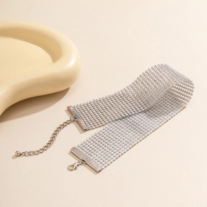 Makroaufnahme der silbernen Strass-Choker-Kette mit Karabinerverschluss und Kette