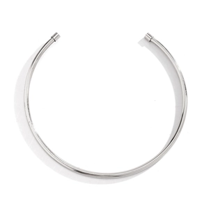 Detailed view of minimalist silver metal collar necklace with smooth C-shaped open design