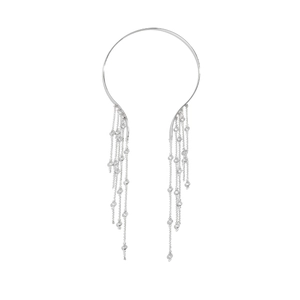 Detailed view of silver punk choker with long tassels and crystal bead accents