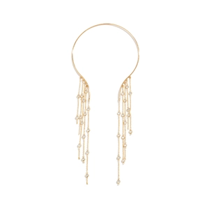 Detail of gold choker necklace with long fringe tassels and inlaid clear gemstones