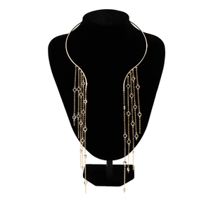Elegant gold punk choker with long tassels and faux pearl accents for parties