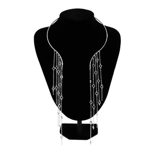 Detail view of silver tassel choker with drop chains and sparkling round clear crystals