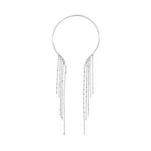 Silver metallic choker with elegant tassel fringe detail shown against white background