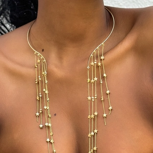 Women Punk Tassel Choker Necklace Gold Silver Plated Alloy Long Fringe Collar With Faux Artificial Pearl Crystal Star Jewelry For Party