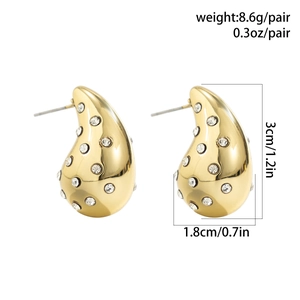 Detailed dimensions of gold teardrop earrings with crystals, 3cm height and 1.8cm width