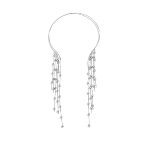 Detail of silver long fringe headband with small star charms and tassels on white background