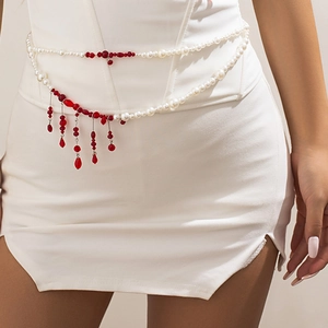 Women Gothic Body Chain Waist Chain White Imitation Artificial Pearl Red Crystal Tassel For Halloween Party Dress Jewelry