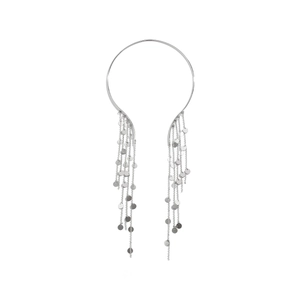 Detail of silver long tassel punk choker featuring delicate chain fringes and metal discs