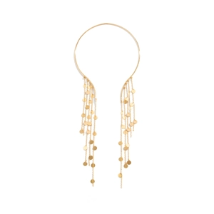 Detail of gold choker necklace with dangling fringe chains and metallic discs