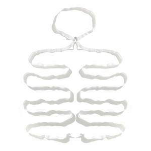 Detail of white multi-strap harness showing geometric rib-cage design and metal rings