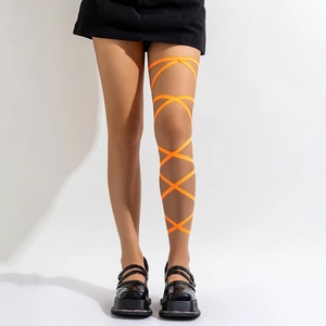 Close-up of vibrant orange elastic leg harness with criss-cross wrap design for women