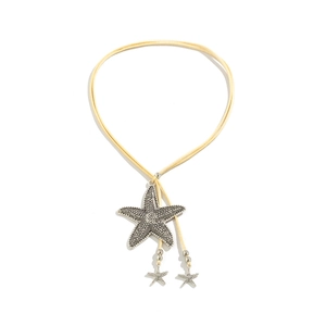 Detail of yellow cord necklace with large starfish pendant and two small charms