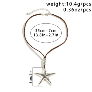 Detail of vintage starfish necklace with silver alloy texture and brown leather cord