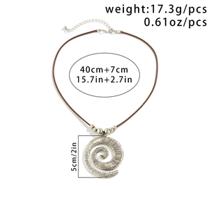 Detail of silver spiral pendant on brown cord with precise size and weight measurements