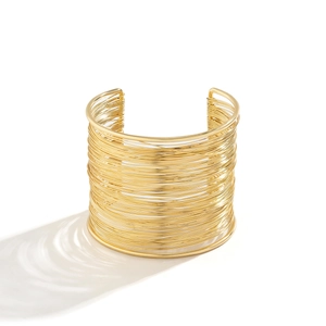 Minimalist wide multi-layer wire wrapped open cuff bracelet in polished gold finish