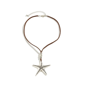 Detailed macro shot of silver starfish pendant with textured finish on brown cord