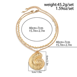 Detailed size specifications for gold nautilus shell layered necklace showing dimensions