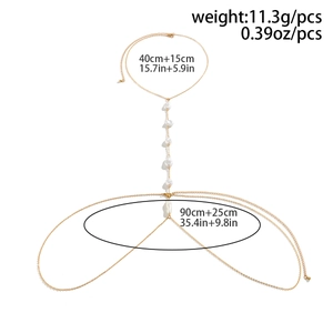 Detail of gold pearl body chain showing dimensions and baroque pearl arrangement