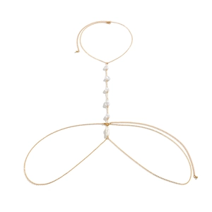 Elegant gold body chain for women featuring six white baroque pearls for a resort style