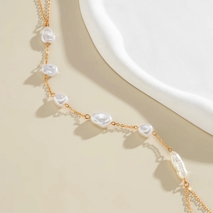 Baroque pearl body chain with golden link necklace for elegant summer beach vacation wear