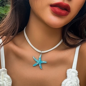 Bohemian blue starfish pendant necklace with white cord for summer beach ocean style