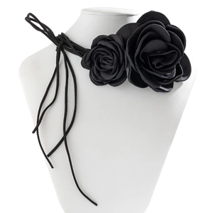 Elegant black handmade satin rose choker necklace with adjustable long ties on mannequin
