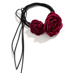Elegant vintage choker with two dark red fabric roses and long black velvet ribbons