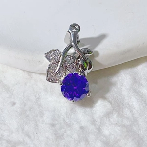 Elegant floral silver pendant featuring a round purple gemstone and zircon leaves