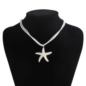 Detail of white starfish pendant with pearlescent texture on beaded cord necklace