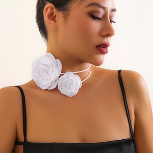 Detailed close-up of white 3D fabric rose choker with delicate long ties for women