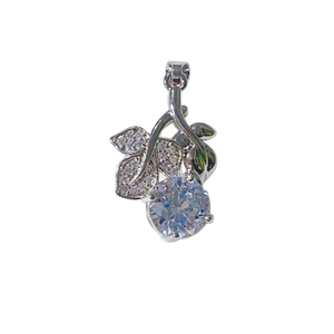 Silver leafy pendant with round clear zircon and micro-paved crystal foliage detail