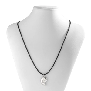 Polished silver nautilus shell pendant with black braided cord on a white mannequin