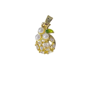 Gold plated cherry pendant with white pearls, green enamel leaves and sparkling zircon stones