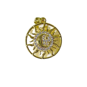 Golden sun and crescent moon pendant with micro-inlaid cubic zirconia for DIY jewelry