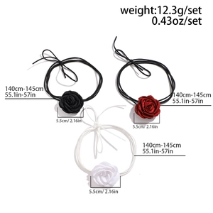 Detailed specs of rose choker necklace with 140cm cord in black, red, and white colors