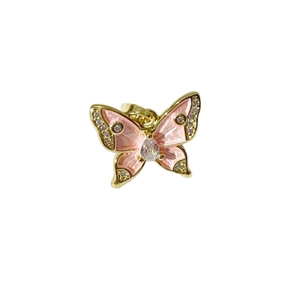 Exquisite butterfly necklace pendant with pink enamel wings and sparkling zircon inlay