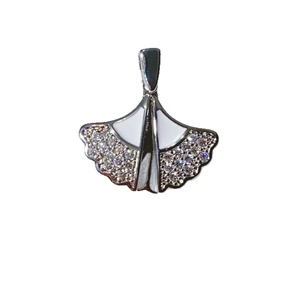 Ginkgo leaf pendant in silver plated copper with white enamel and sparkling zircons