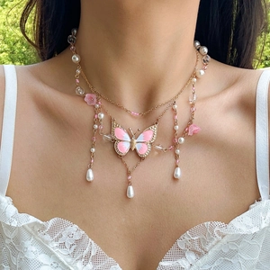 Y2K Schmetterling Choker Kette mit rosa Emaille Anhänger und Perlen für Damen im Retro-Stil