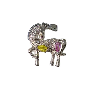 Silver horse pendant with sparkling zircon micro-paving and colorful pear-cut stones