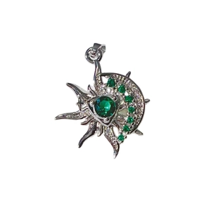 Silver plated sun and moon pendant with green gemstone and micro-pave zircons